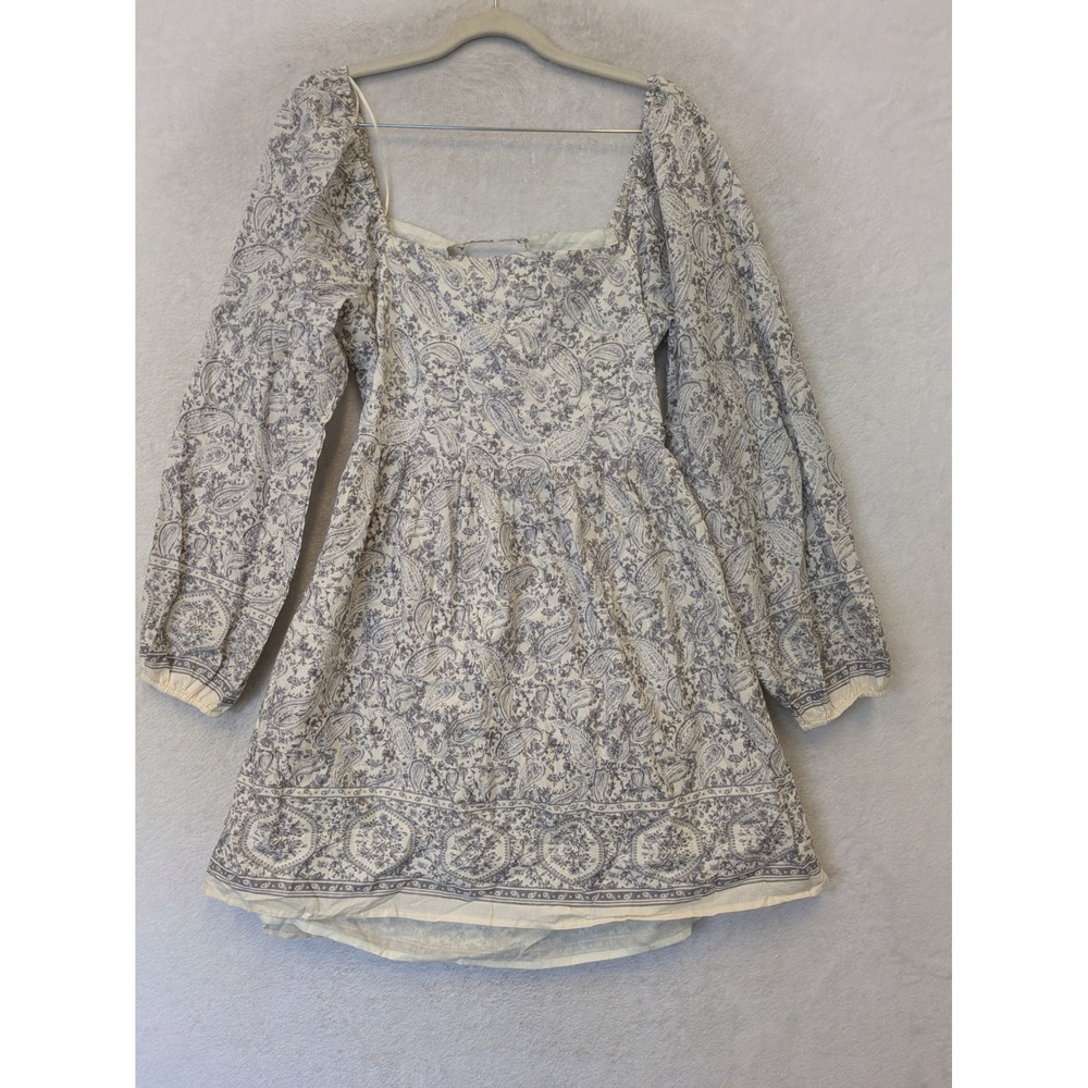 NEW Böhme Mini Dress Women's Large Grey Paisley Puff‎ Sleeve Square Neck